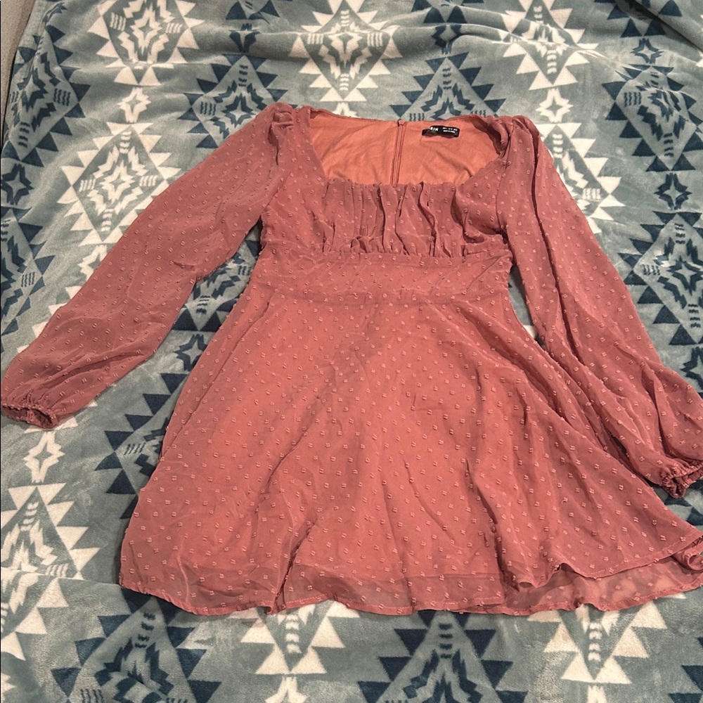 Long Sleeve Swiss Dot Mini Dress in Dusty Rose